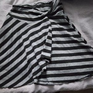 Black and Grey Striped skirt, knotted waist, High-Low middle front criss-cross.